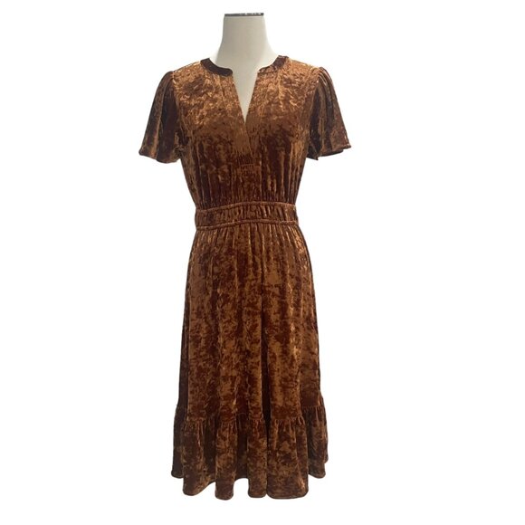 Mystree S Crushed Velvet Midi Dress Ruffled Hem Elastic Waist Boho Retro Elegant - Picture 13 of 13